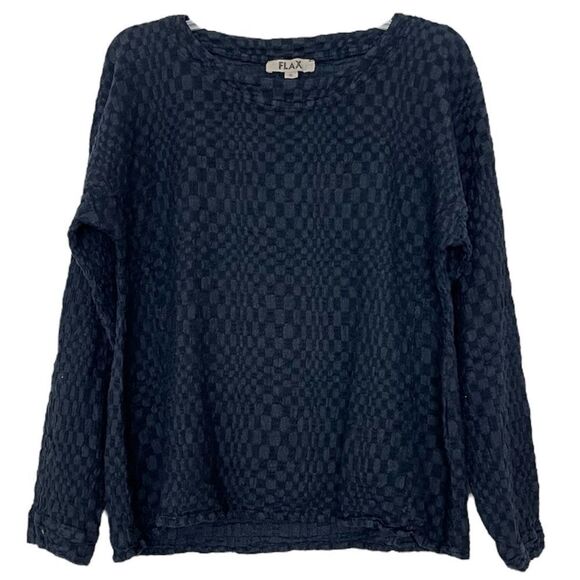 FLAX by Jeanne Engelhart Long Sleeve Crinkle Linen Cotton Blouse Top Black Small - Picture 1 of 9